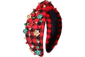 CEALXHENY Christmas Headband for Women Holiday Accessories - Beaded Xmas Bow Tree Snowflake HOHOHO Knotted Top Knot - Red Green Crystal Pearl Festive Gifts (Xmas Bow 2)