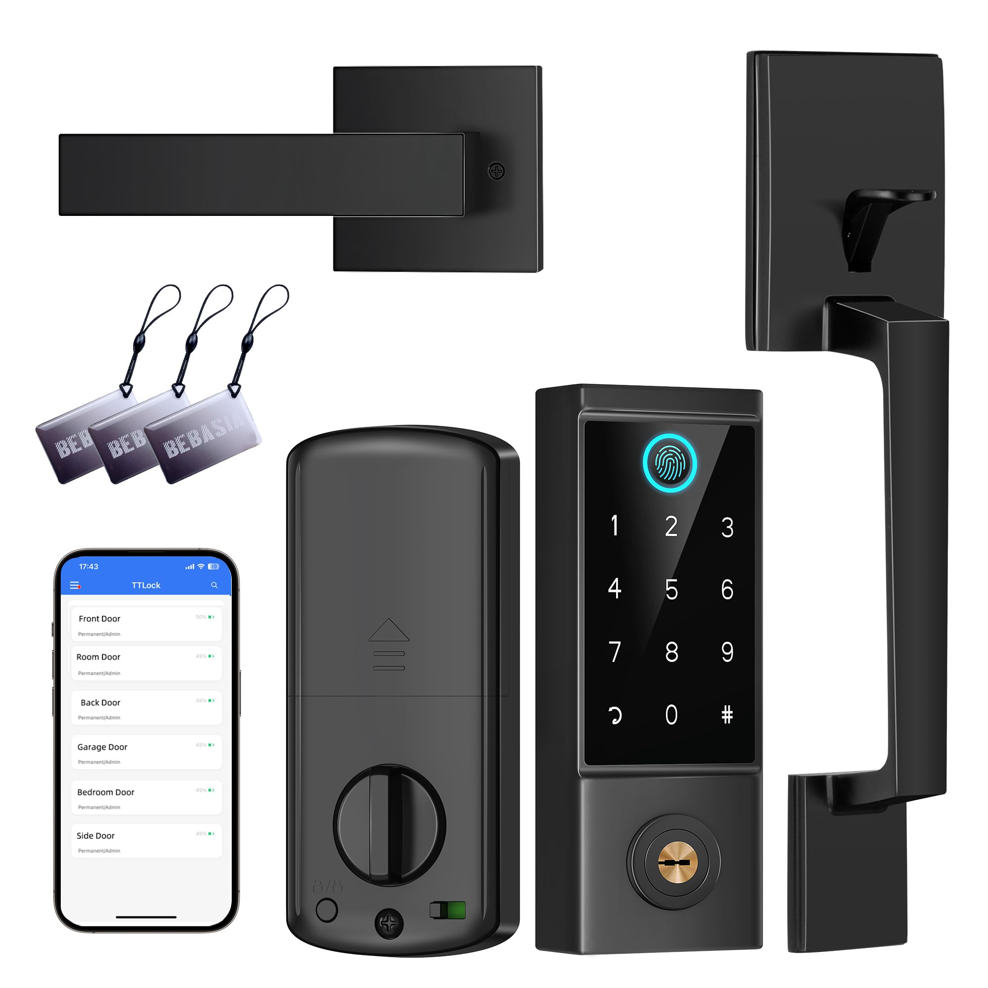 Photo 1 of BEBASIA Smart Door Lock with Front Door Handle Set, Heavy Duty Fingerprint Handleset, Keyless Entry Smart Deadbolt for Front Door, Bluetooth Keypad Digital Lock Black