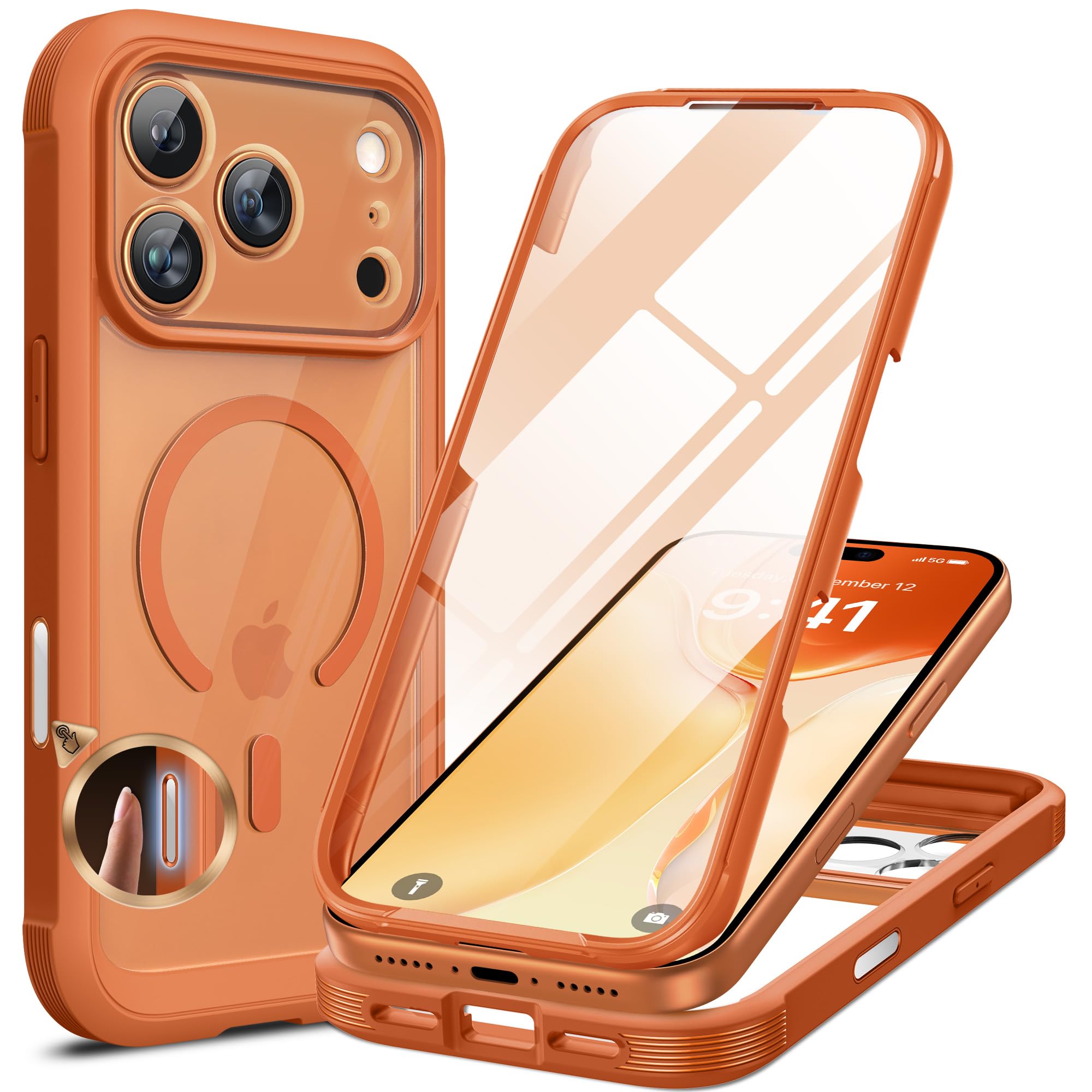 Photo 1 of Miracase for iPhone 17 Pro Max Case 6.9" Full-Body Phone Case with Built-in Glass Screen Protector& Full Camera Protector,[Magnetic with MagSafe] Drop Proof 17 ProMax Cover, Orange