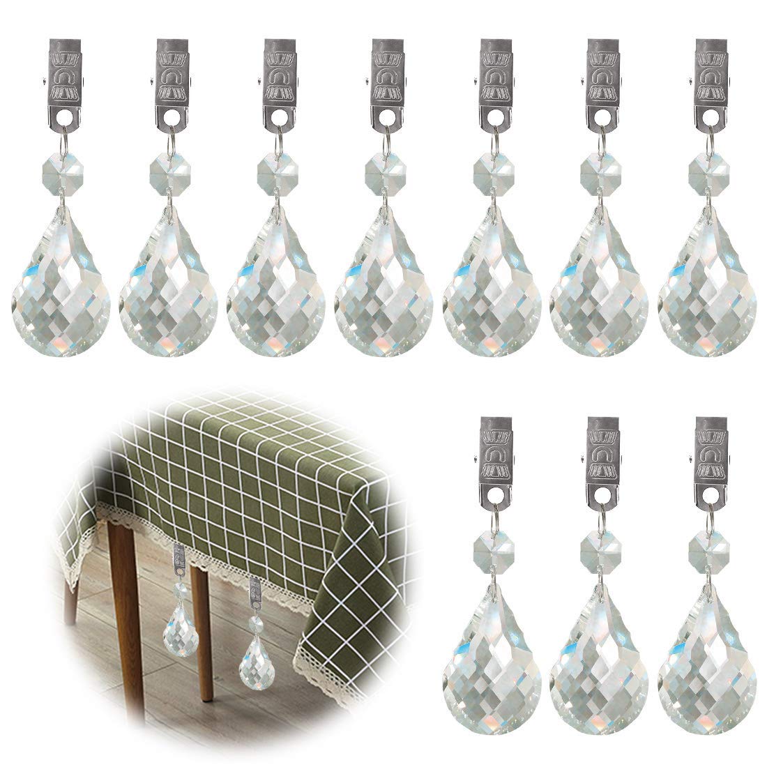 Glarks Pack of 10 Water Drop Shape Crystal AB Table Cloth Weights with Metal Clip for Picnic Table Heavy Weight Outdoor