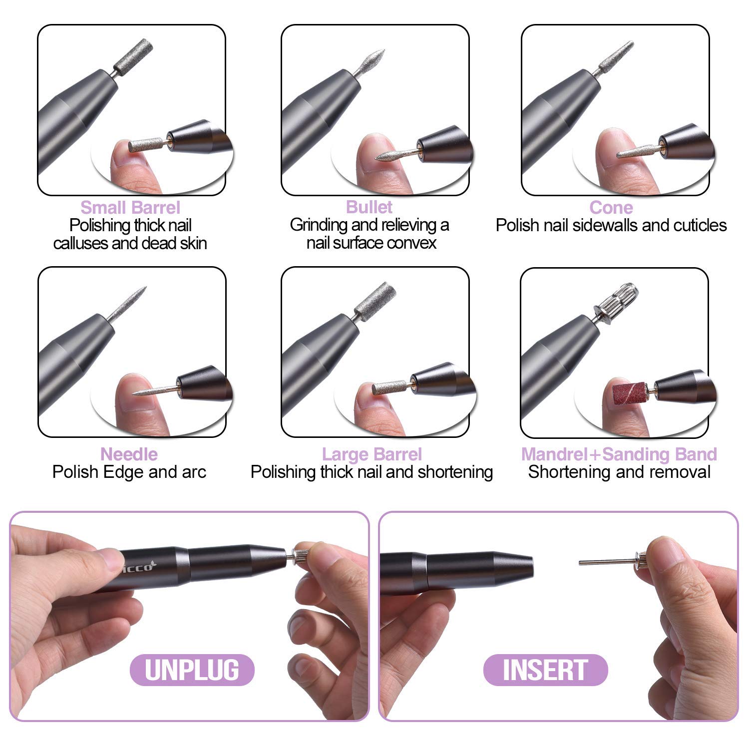 Acrylic Nail Drill Electric, Nail Drill File Portable USB Pen Manicure Pedicure Polishing 20000 RPM Adjustable Speed Gel Grinder Tools with 36Pcs Sanding Bands for Professional, Beginner: Beauty