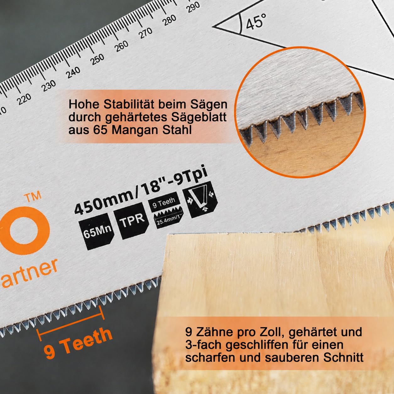 KENDO Fuchsschwanz Säge 450 mm, 9 Zähne/Zoll dreifach geschliffene Verzahnung 6