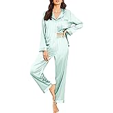Ekouaer Satin Pajama Set for Women Classic Button Down Silk Pajama Sets Long Sleeve 2 Piece Lounge Set