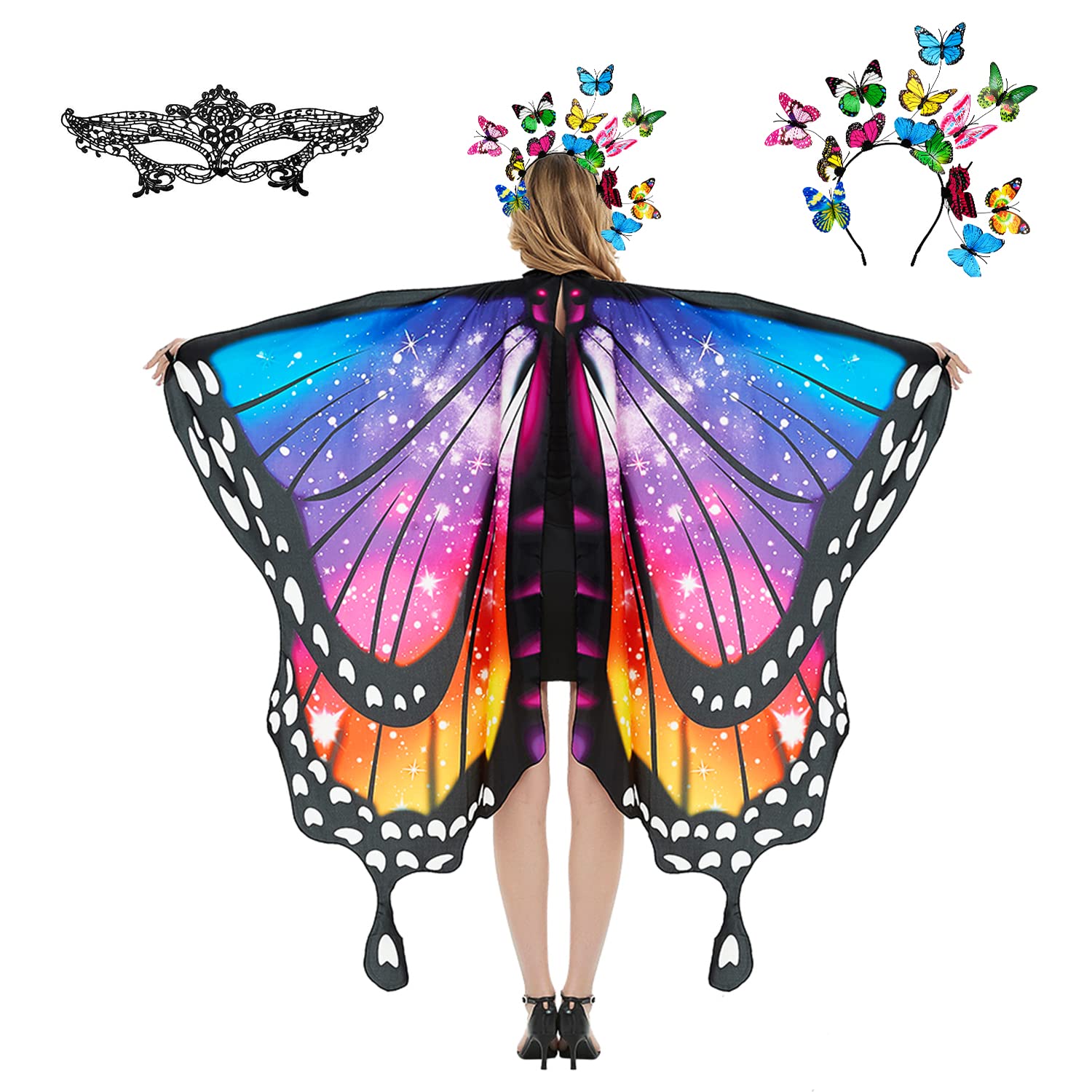 plainshe Butterfly Wings, Fairy Wings for Adults, Butterfly Costume, Halloween Costumes for Women, 3PCS Butterfly Cape Set. (Rainbow Colors 4) — image 1