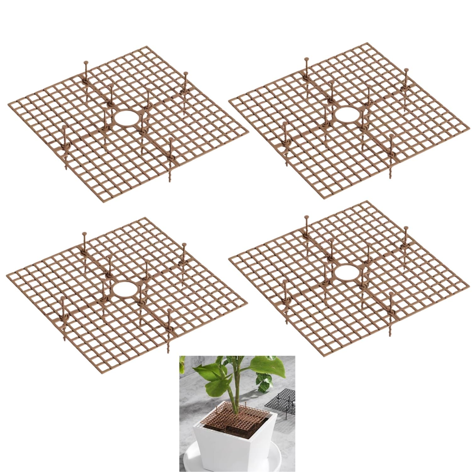 Wuyue Hua 4 Pcs Plant Pot Cover Plant Protector from Animal 30cm/11.8" Plant Pot Grid with Center Cutout Flower Cover Soil Protectors for Plants (Brown)