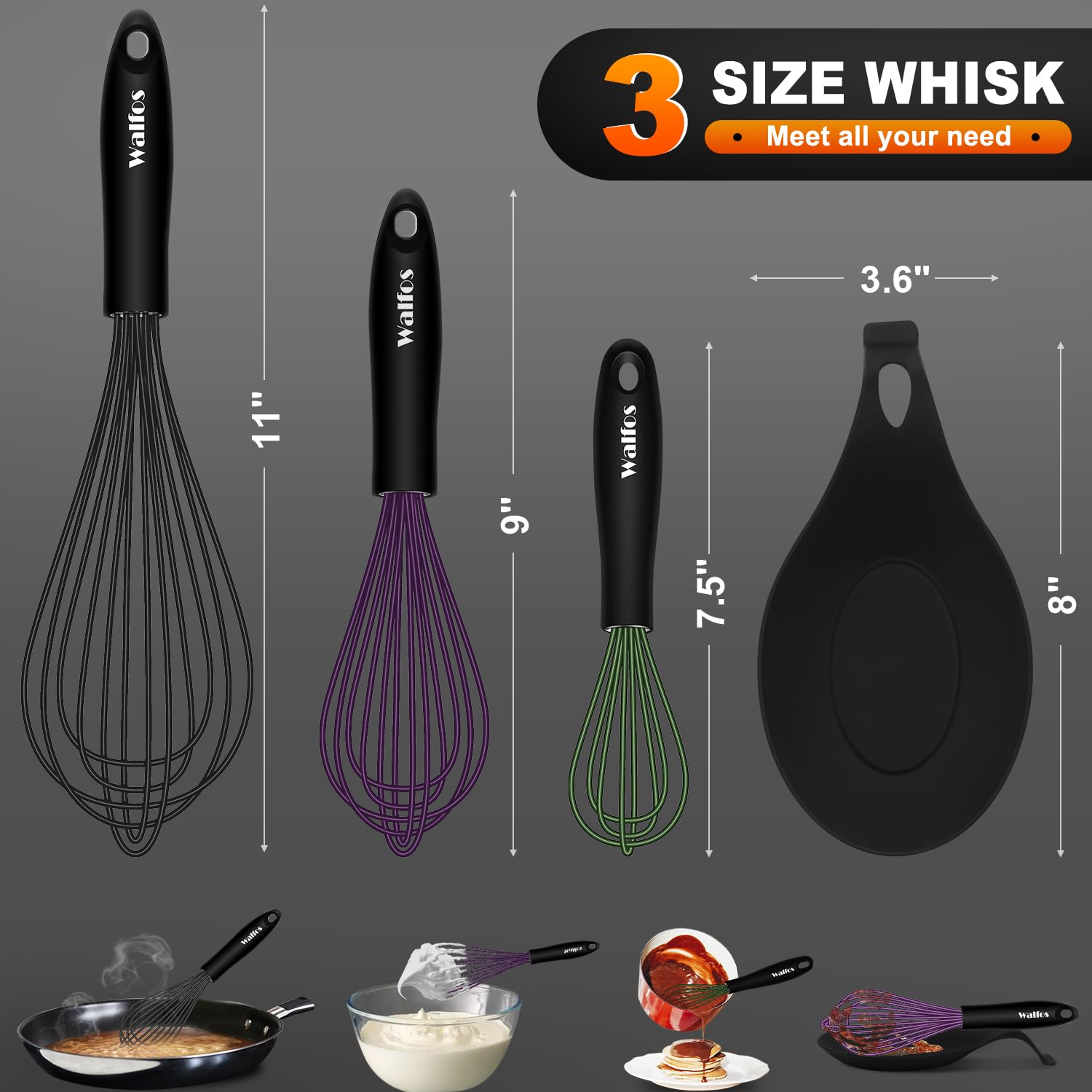 Walfos Silicone Whisk With 8in Rest,Whisks for Cooking Non Scratch,7.5+9+11in Whisk for Nonstick Cookware,Dishwasher Safe,Rest for Kitchen Counter Wisk Perfect for Blending, Baking, Beating, Set of 4