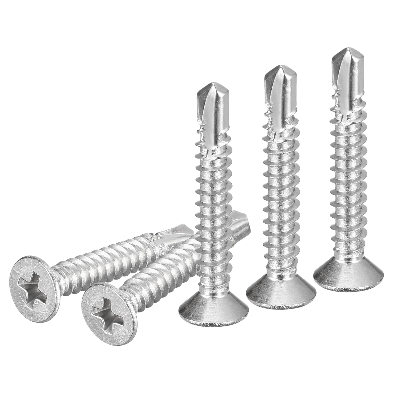 DTGN 100Pcs ST4.8x32mm Self Drilling Screws, 304 Stainless Steel Flat Head Phillips Sheet Metal Screw - Good for Wood to Metal, Furniture - Silver