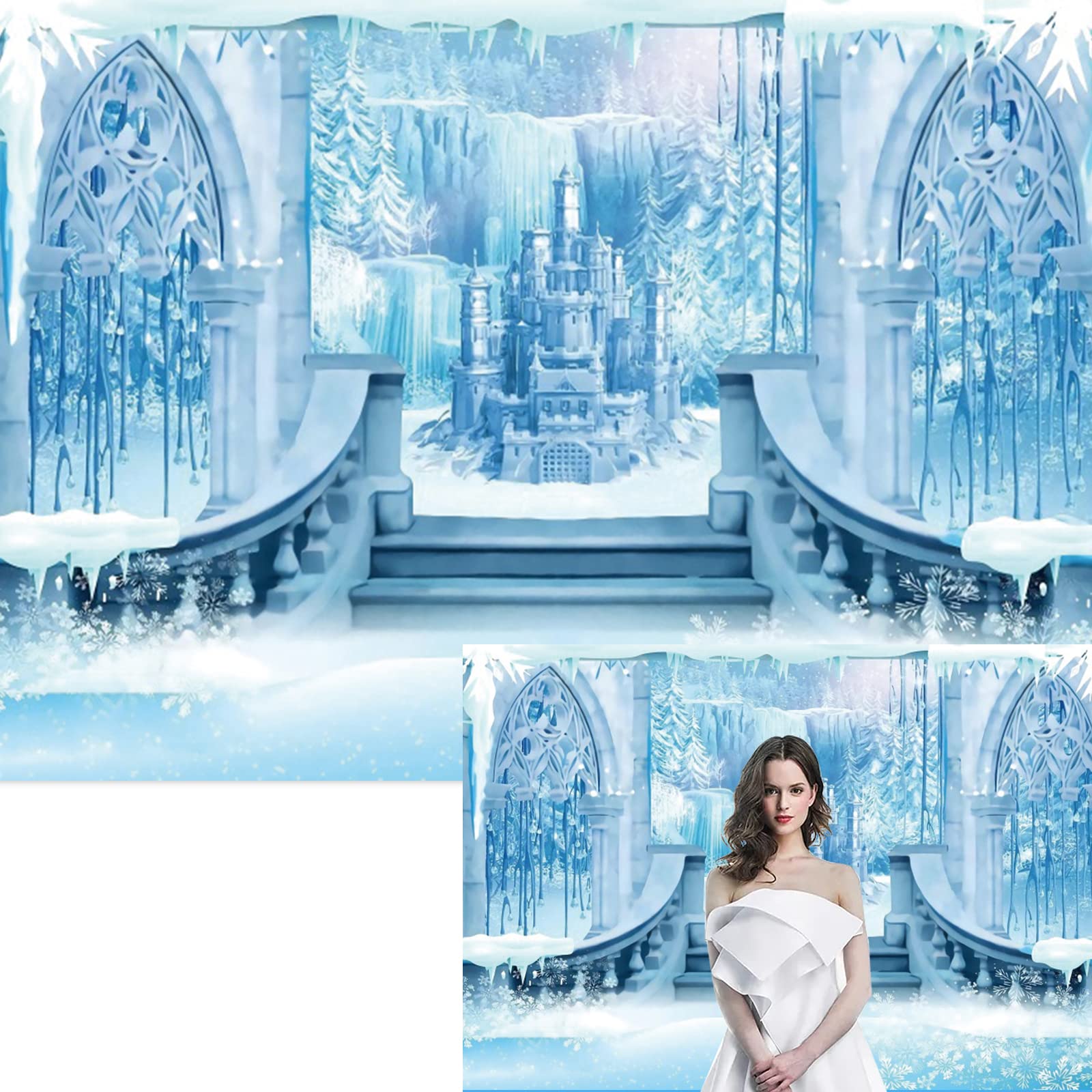 Photo 1 of 10x8FT Castle Backdrop Winter Wonderland Ice Castle Photography Backdrop Blue Ice Snowflake Background Winter Snow Landscape for Princess Girl Baby Shower Kids Birthday Party