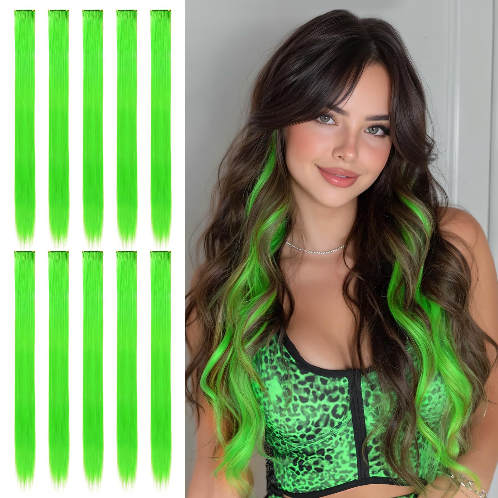 Sofeiyan Colored Hair Extensions Straight Hairpiece 22 Inch 10 Pcs Colorful Clip in Hair Extensions Synthetic Colored Party Highlights for Women, Emerald Green — image 1