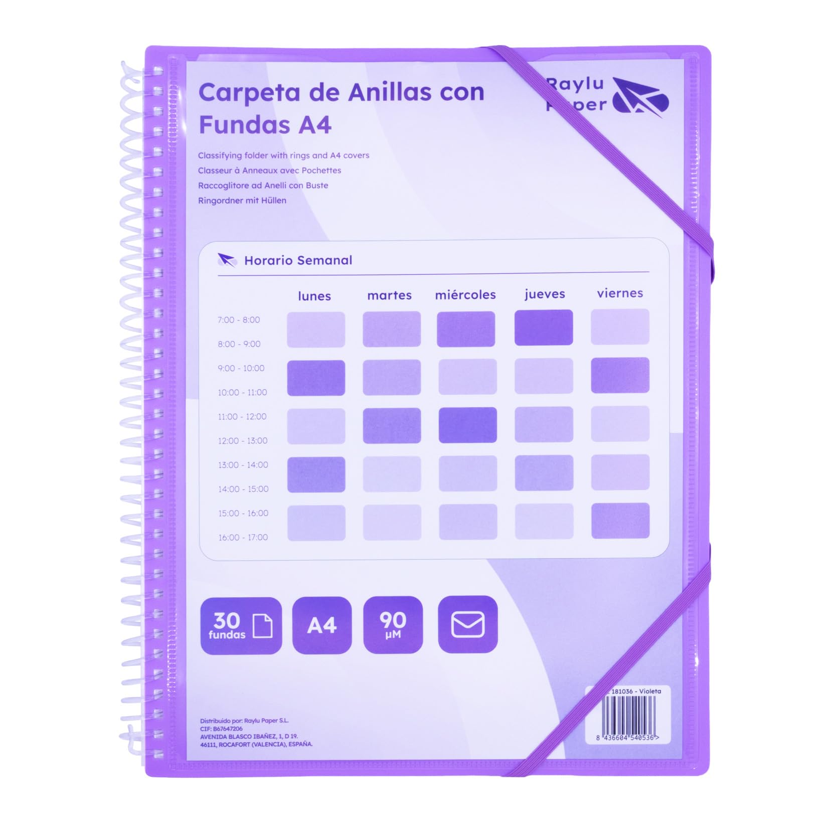 Raylu Paper® Binder with Ring Binder with Transparent A4 90 Micron Sleeves and Envelope with Velcro Closure, Customisable Cover. 100% Biodegradable Binder (20 Pockets, Violet)