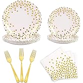Plates and Napkins Party Supplies - Yinbanban 100Pcs White and Gold Polka Dot Disposable Paper Party Plates Set for Birthday, Wedding, Bridal Shower, Graduations,Valentines (Serve 25 Guests)