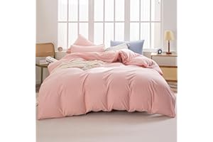 OS OMYSTYLE Pink Duvet Cover King Size 100% Washed Cotton Linen Like Textured for All Season, 3 Pieces Ultra-Soft Solid Color Bedding Set with Zipper Closure, 1Pc Duvet Cover 2Pcs Pillowcases