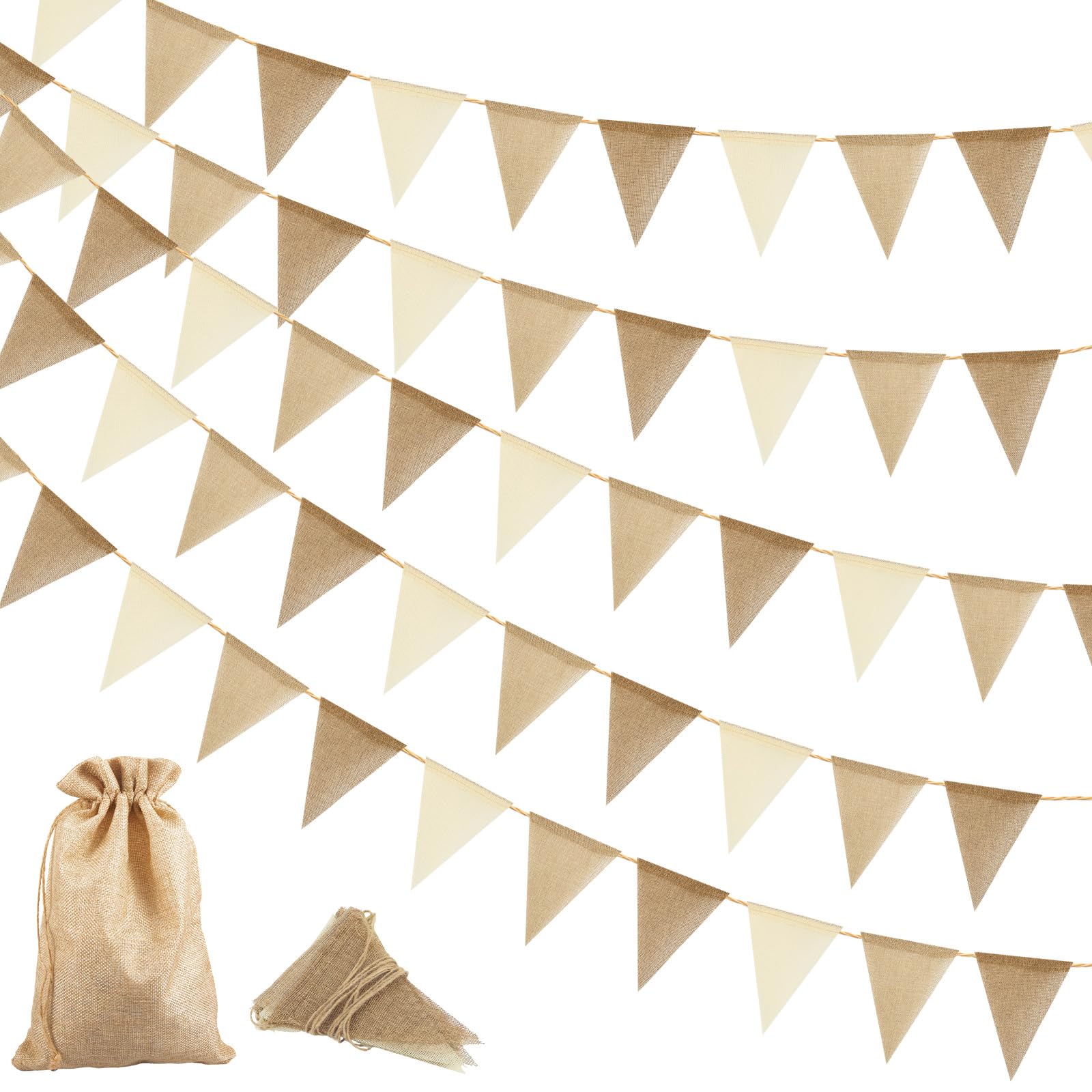 20M/65FT Burlap Bunting Banner, 60PCS Hessian Triangle Flag with Drawstring Bag, 15x19 CM Outdoor Bunting, Reusable Linen Pennant Garland for Wedding Garden Baby Shower Birthday Parties (Beige)