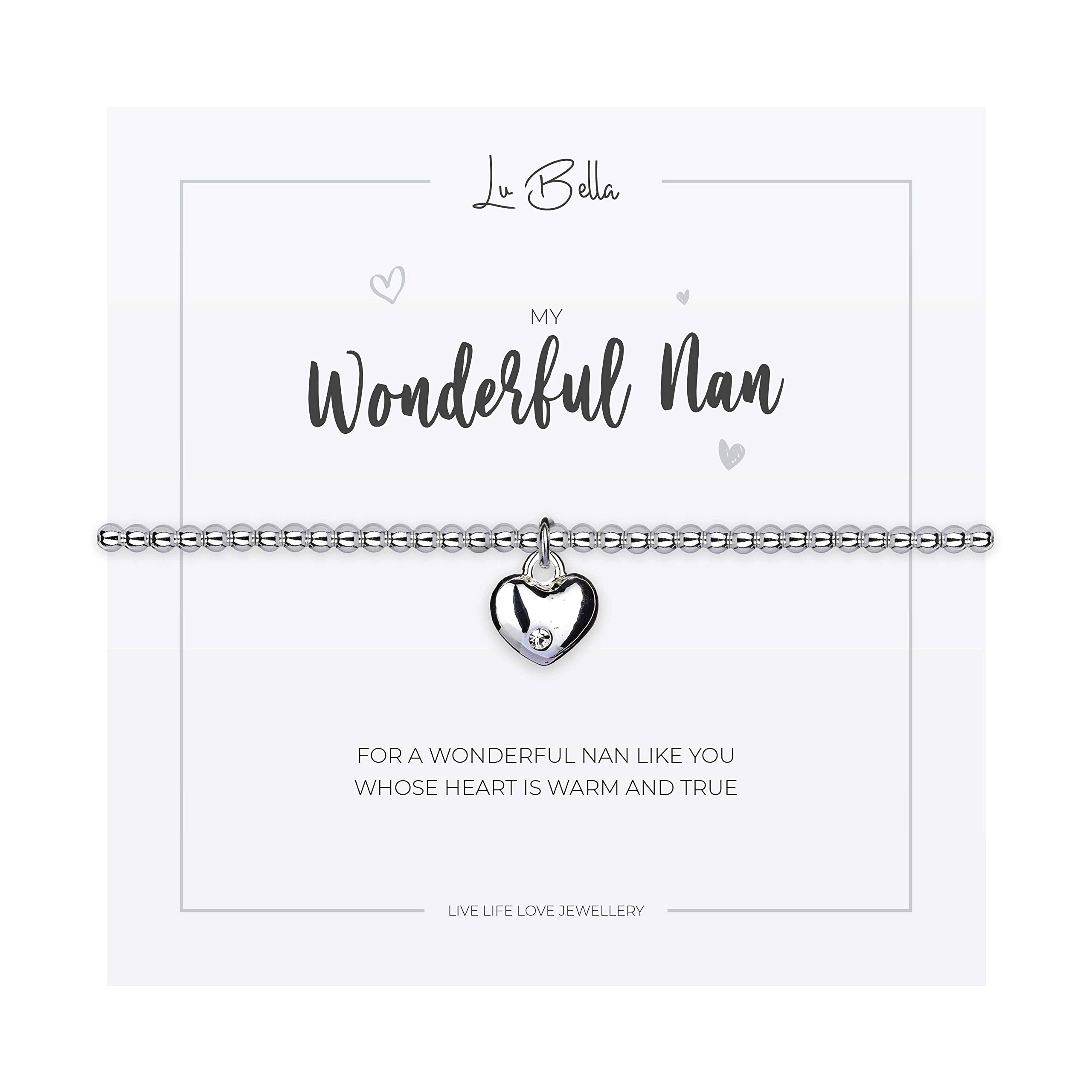 Lu Bella Nana Heart Bracelet - Stackable Jewellery Gift for Nan - Adjustable Stretchy Silver String Present Jewellery with Charm and Gift Bag