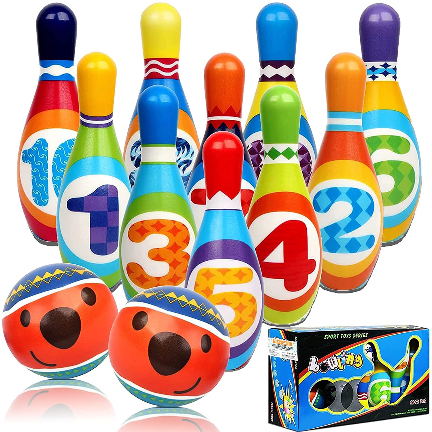 STAY GENT Kids Bowling Set Skittles Game 10 Pins and 2 Balls for Kids and Toddlers, Soft Bowling Set 10 Multi-Coloured Indoor Outdoor Educational Toys for Children 3+ Years Old — image 1