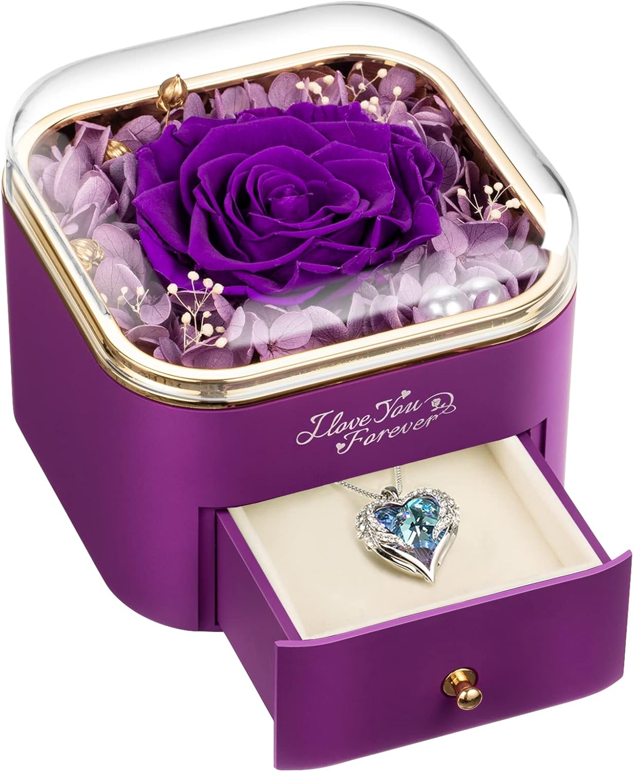 Dried & Preserved Flora - NEWNOVE Preserved Purple Real Rose with Purple Necklace, Flower Gifts for Women Mom Wife and Girlfriend on Christmas Valentines Day Mothers Day, Anniversary Birthday Gifts for Her