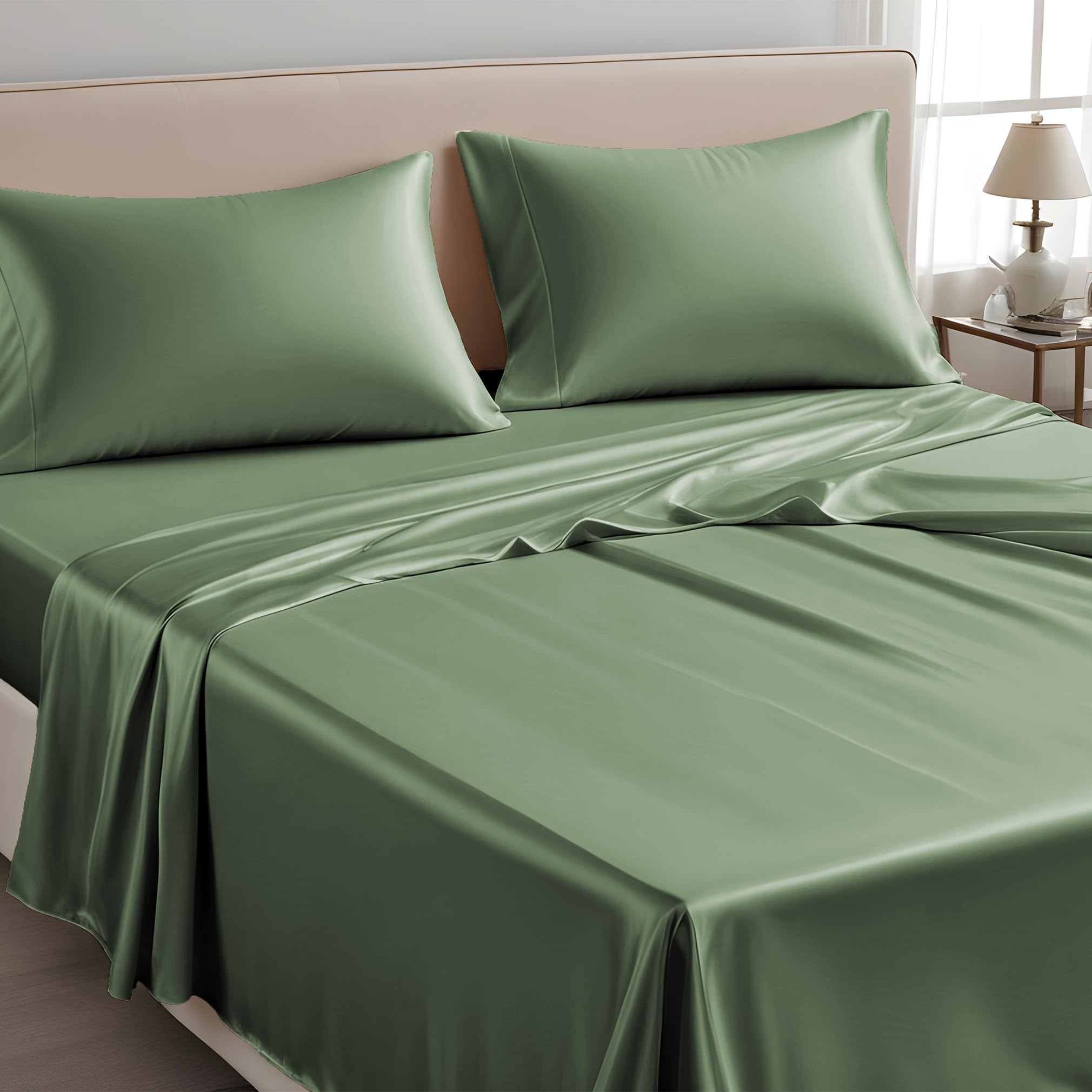 LINENWALAS SuperKing Flat Sheet Only, 100% Tencel Soft Silk Cooling Top Sheet Lyocell Bedding Perfect for Hair and Skin 300×275 CM (Avocado Green, SuperKing)
