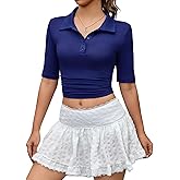 Going Out Tops for Women V-Neck Button Polo Shirt, Ribbed Short Sleeve Casual Slim Fit Top, Trendy Business Casual Blouse