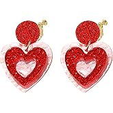 Valentine Clip on Dangling Earrings for Women, Red Pink Love Heart Drop Jewelry, Non Pierced, Layered Heart Trendy Screw Back Earrings