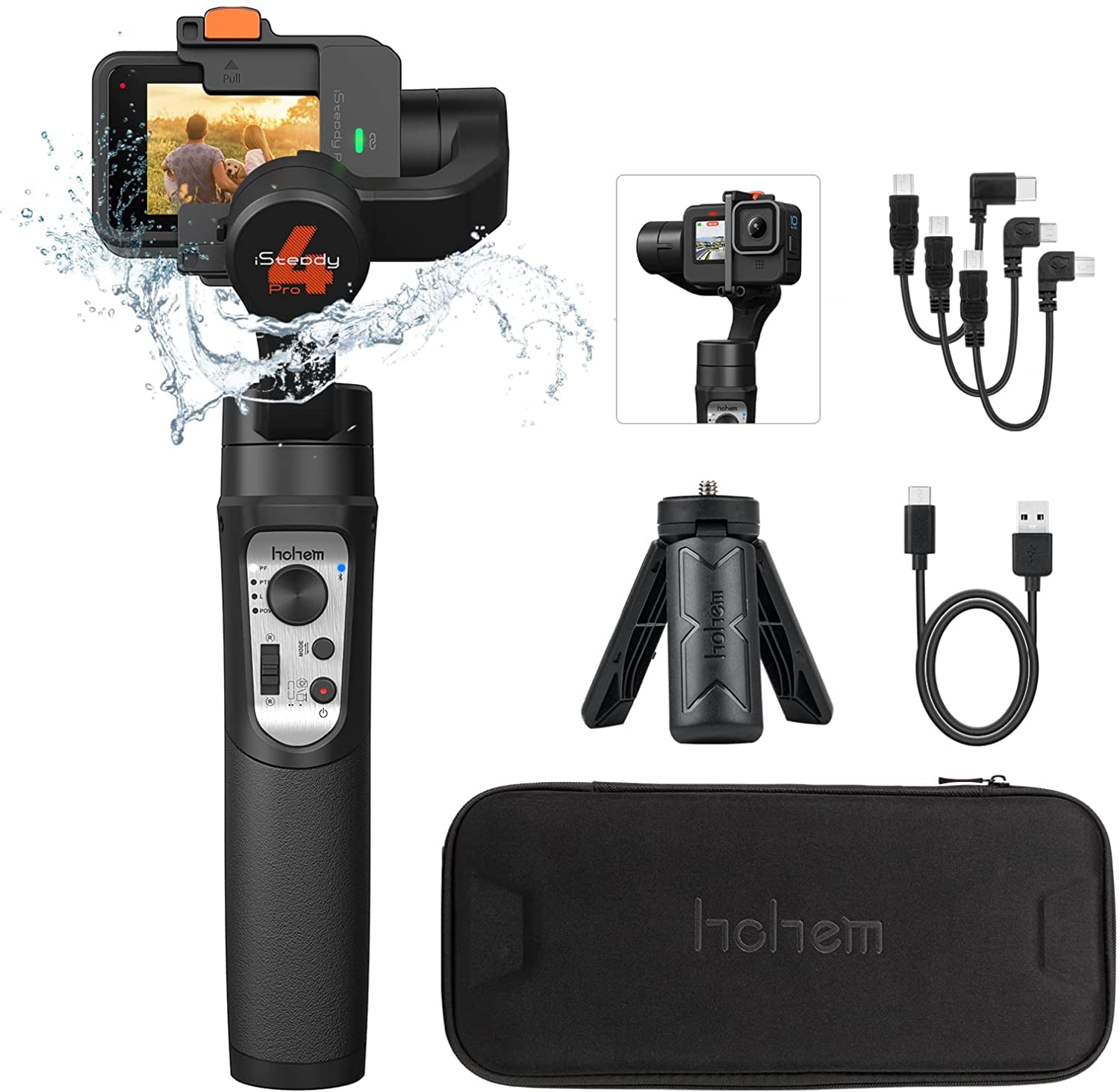 hohem iSteady Pro4 Gimbal 3-Axis Camera Stabilizer for GoPro Handheld Gimbal Compatible with DJI OSMO Action GoPro Hero 10/9/8/7/6/5/4/3 Two-Way Charging IPX4 Water Splash Proof