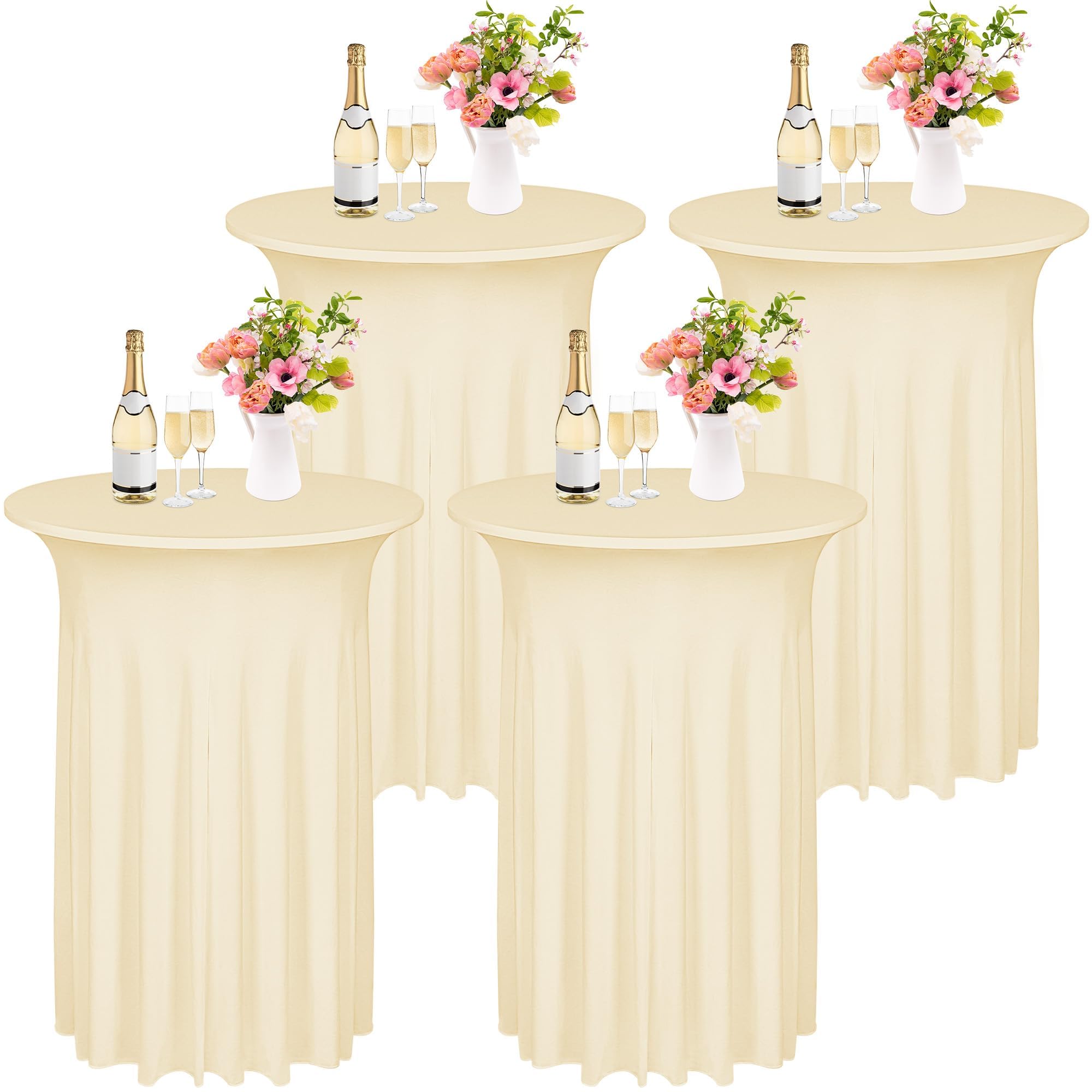 Photo 1 of Kochorie 4 Pieces Cocktail Table Skirt Round Cocktail Table Covers 32 x 43 Inch Spandex Stretch High Top Table Cloth for Wedding Table Bar Banquet Party Supplies (Champagne)