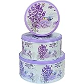 hadaaya Pack of 3 Stackable Round Metal Tin Containers with Lids – Multipurpose Tins for Cookies, Candies, Kitchen Storage & More | Perfect for Valentines Day Gifting – Elegant Lavender Flower Design
