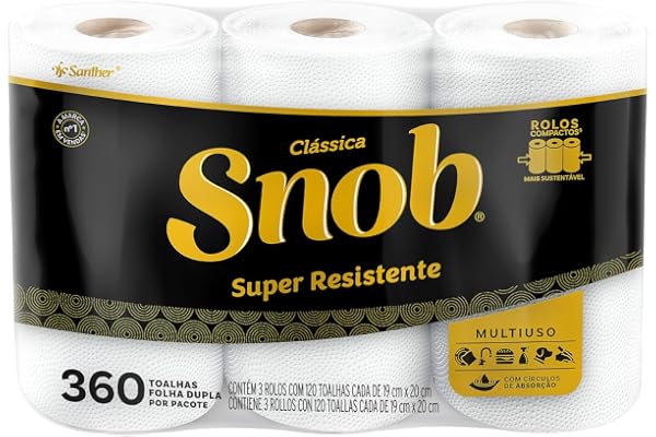 Snob Papel toalha multiuso folha dupla branca hiper 360fls, 3 rolos