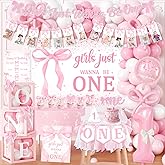 Pink Bow 1st Birthday Decorations, Girls Just Wanna Be One Birthday Decorations Kit Include Pink White Balloon Arch,Backdrop,Banner,Balloon Boxes,High Chair Banner,Bow Tablecloth,Bow Cupcake Toppers