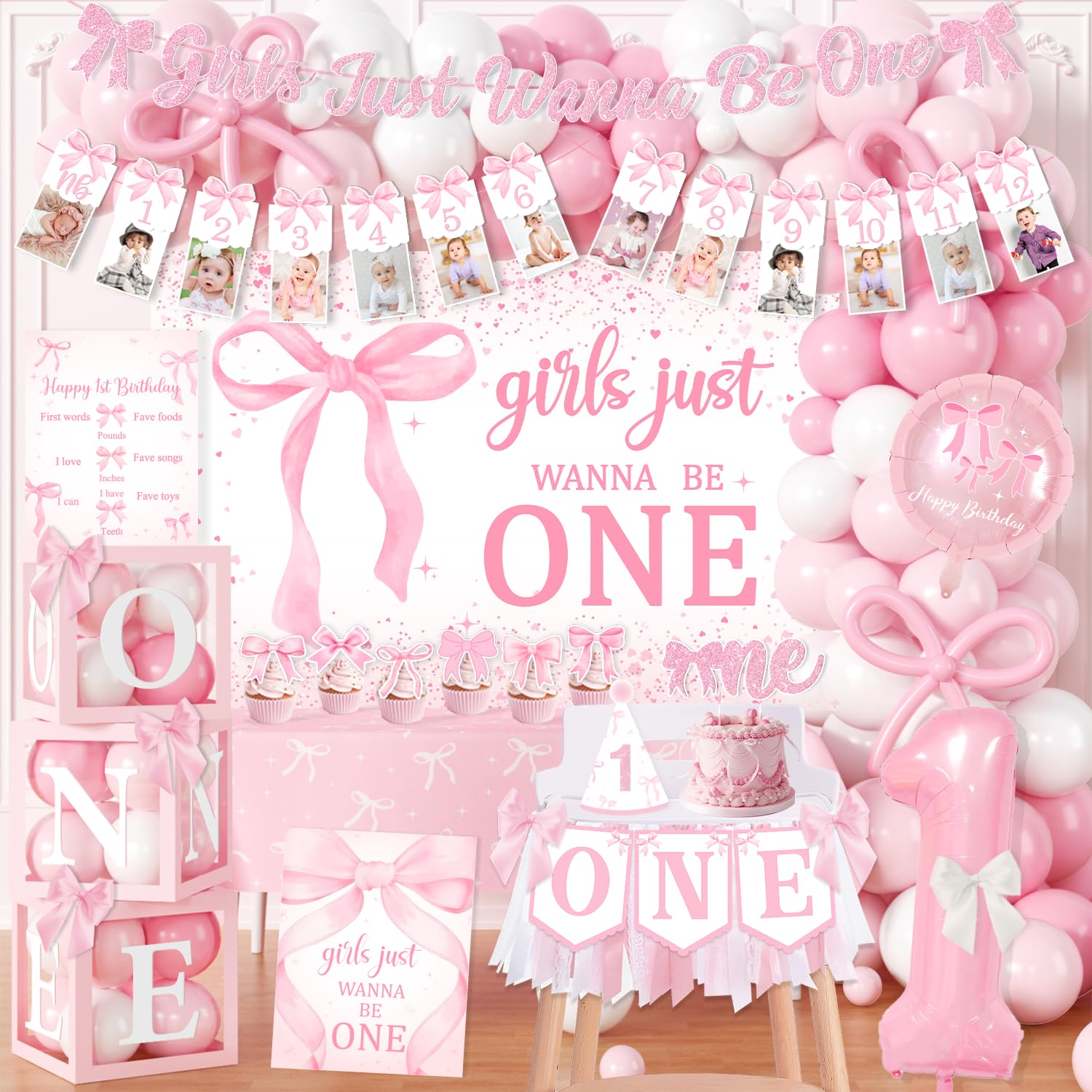 Pink Bow 1st Birthday Decorations, Girls Just Wanna Be One Birthday ...