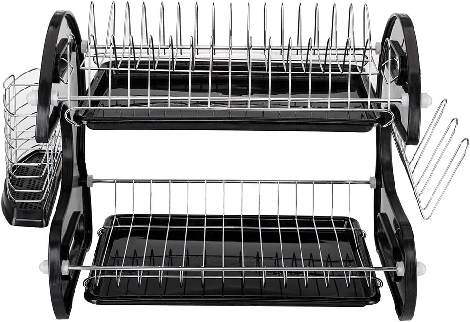 Dish Drying Rack, 2-Tier Chrome-plated Dish Rack with Drainboard, Side Cutlery Basket and 6 Mug Stands (US STOCK)