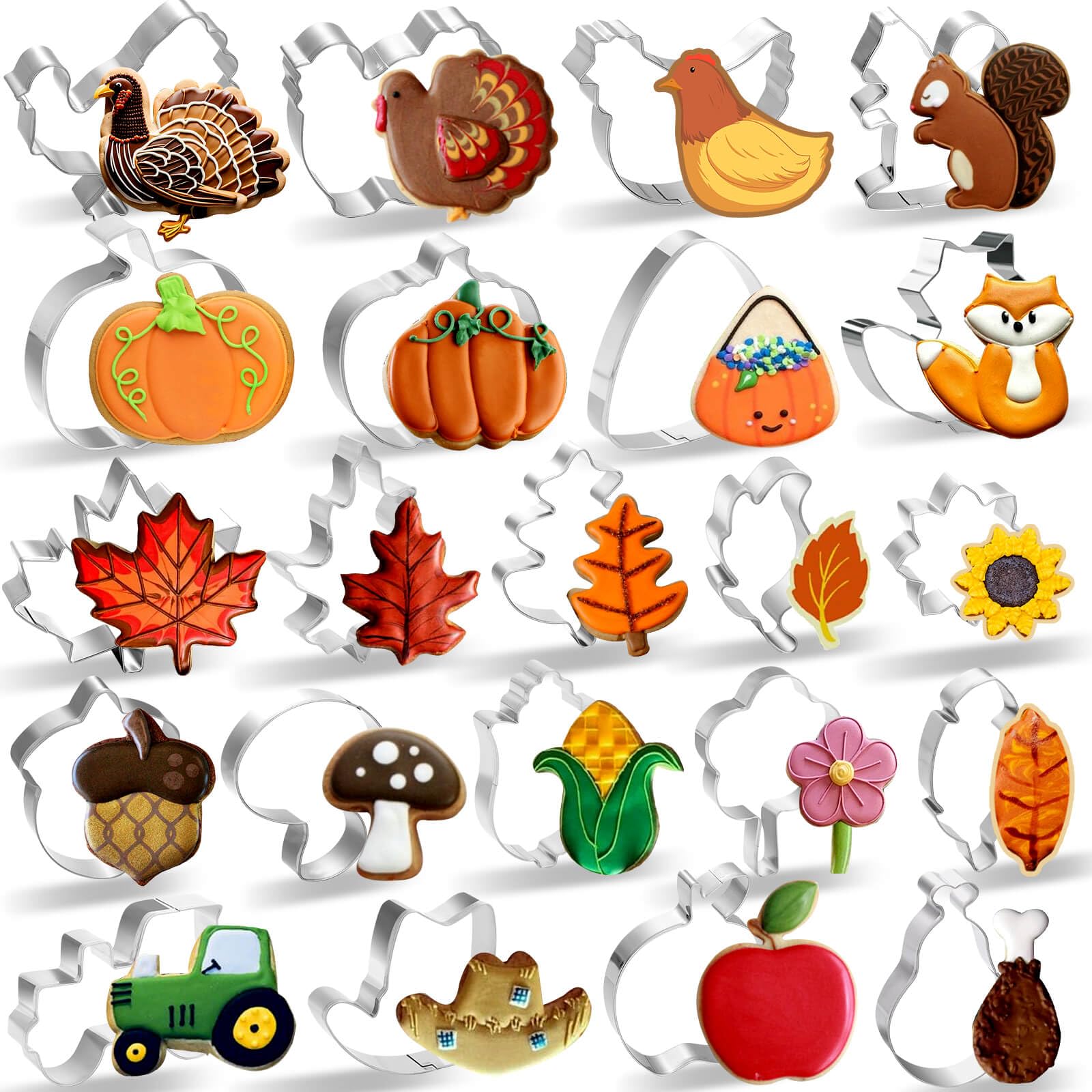 Photo 1 of 22pcs Fall Cookie Cutters, Stainless Steel Metal Thanksgiving Cookie Cutters Shapes, Large Small Mini Autumn Cookies Cutter with Pumpkin, Maple Leaf, Apple,Turkey, Acorn,Chicken,Squirrel