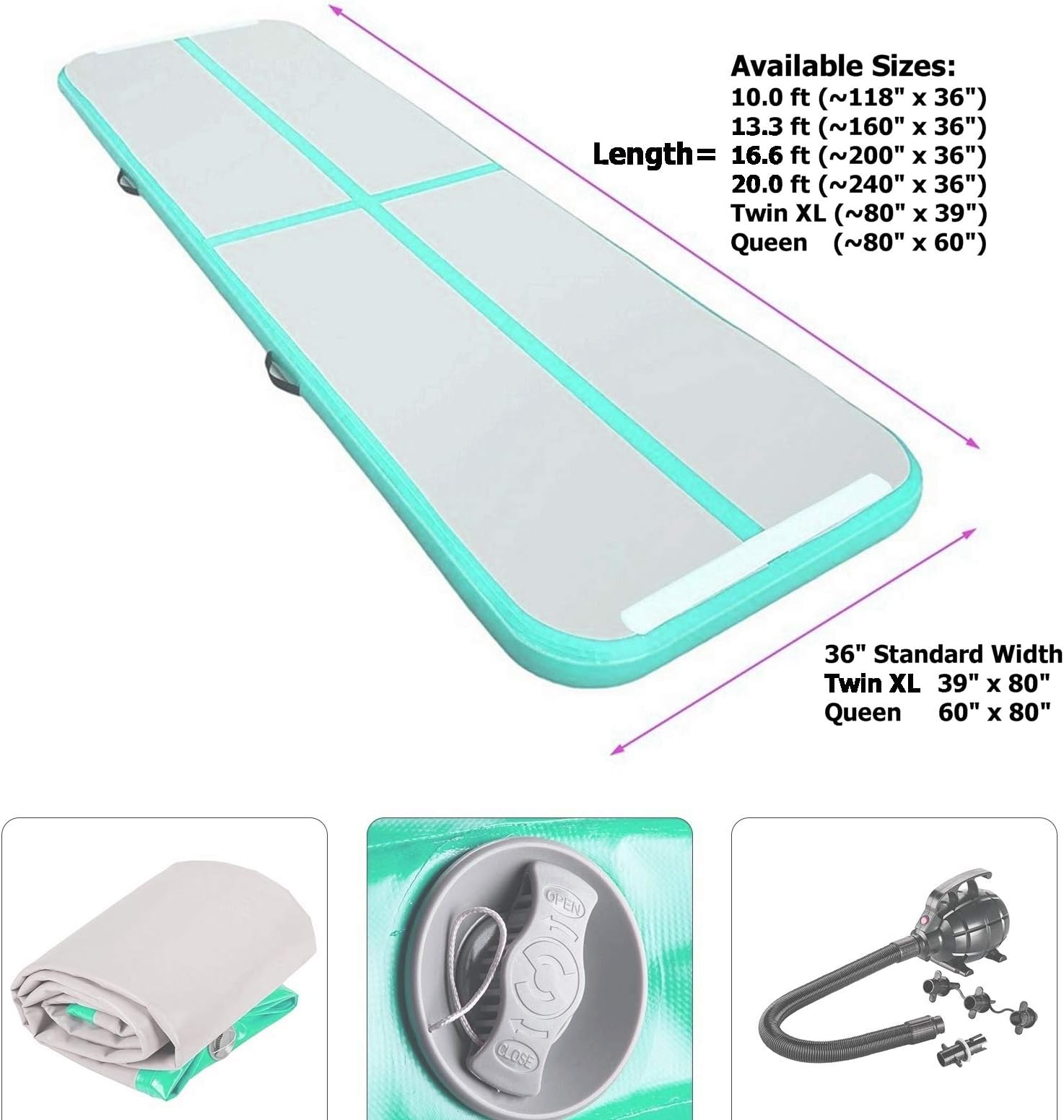 My Gym Air Track 10.0/13.3/16.6/20.0 feet x 36" x 4" Gymnastic Tumbling Mat w/Mint-Green Trim AirTrack Inflatable Exercise Yoga Judo Pirates Training Cushion Mattress