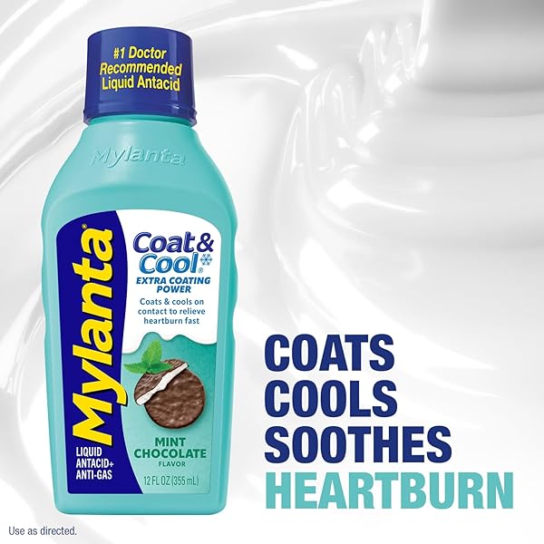 MYLANTA HEARTBURN AND GAS RELIEF, LIQUID ANTACID, COAT & COOL FORMULA, MINT CHOCOLATE FLAVOR, 12 FL OZ