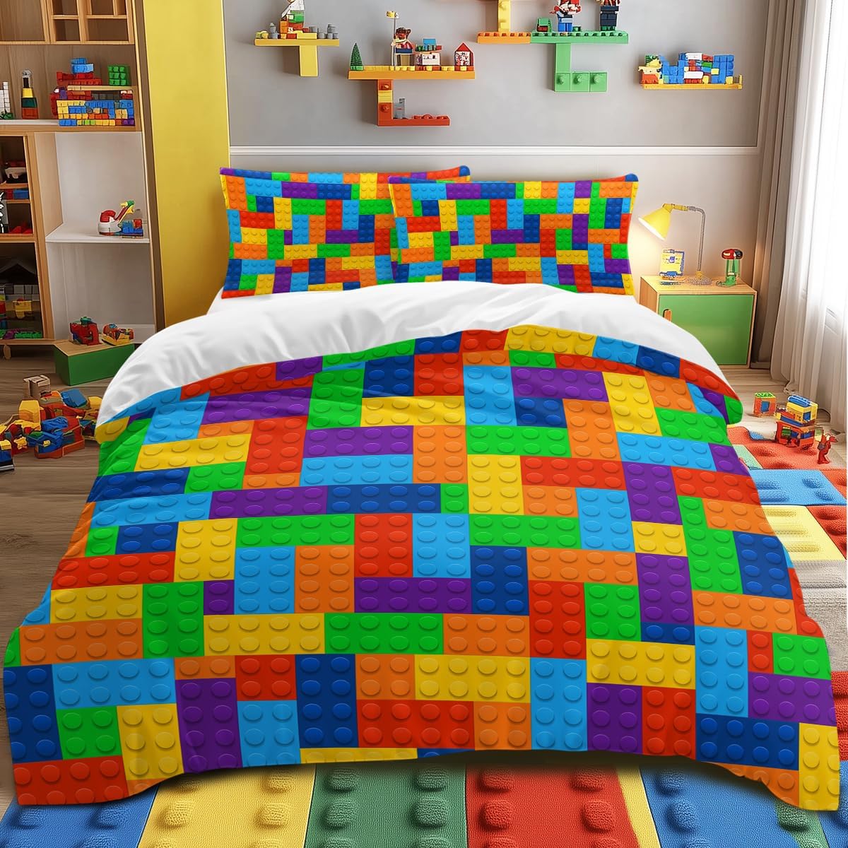 BlessLiving Colorful Toy Bedding Sets for Kids Boys Building Block Duvet Cover Set Single Size Cute Yellow Green Blue Bed Quilt Cover for Teen Girls (Single)