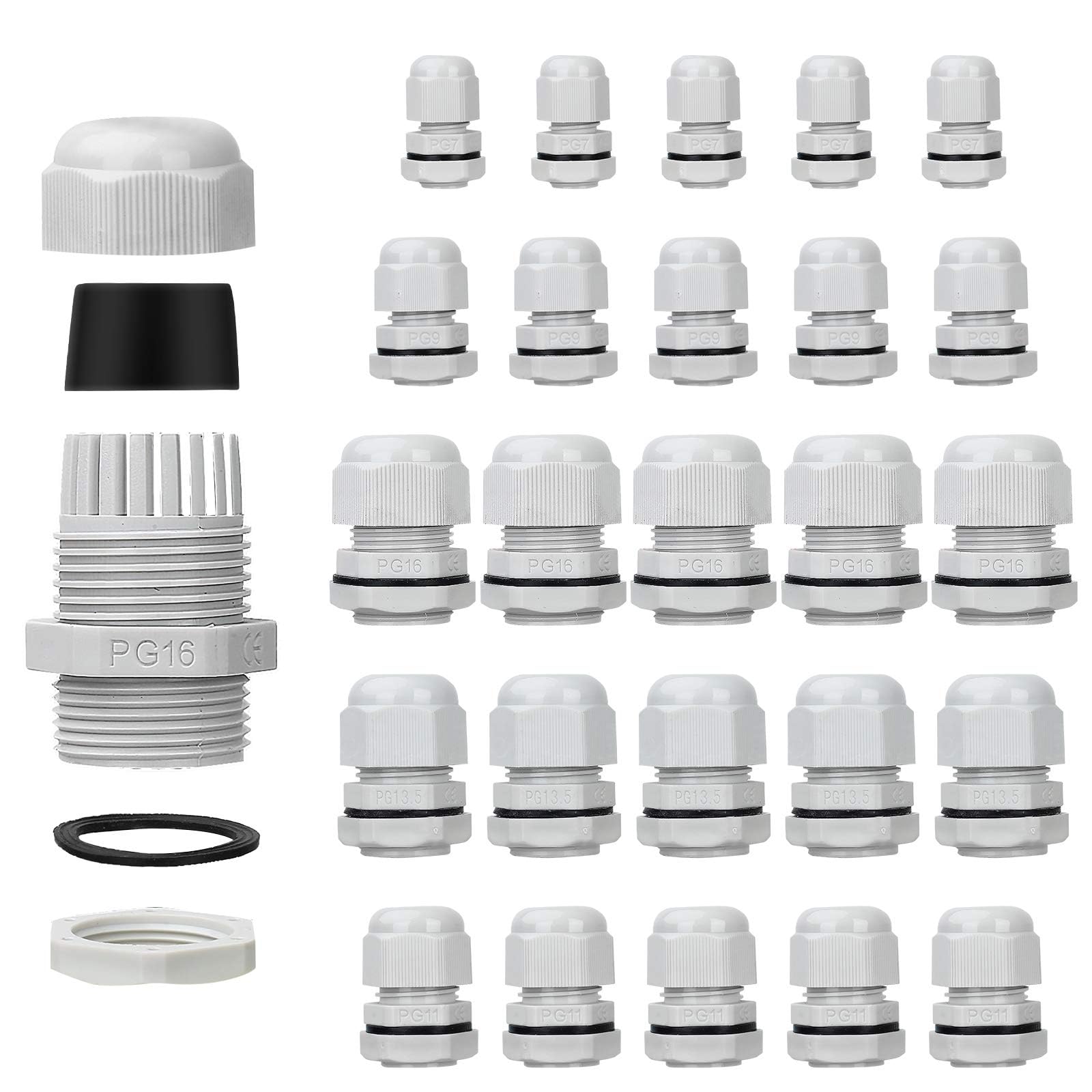 25Pcs Cable Glands Waterproof, Bolatus IP68 Cable Gland 3-15mm Adjustable PG7 PG9 PG11 PG13.5 PG16 Cable Connectors Locknut Stuffing Glands Environmental Protection Plastic Joints with Washer Gray