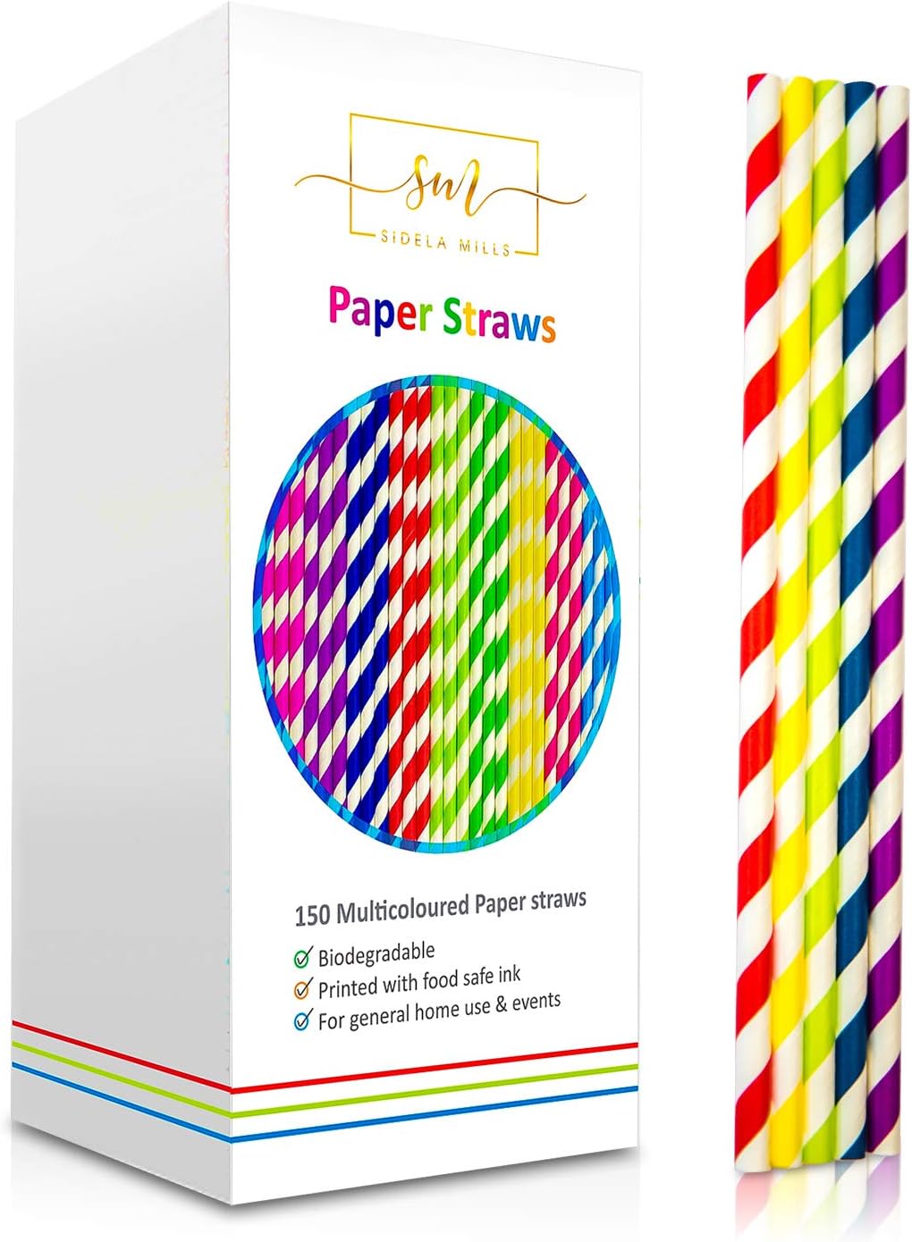 Paper Straws by Sidela Mills-150 Multicoloured Pack Biodegradable Recyclable Drinking Straws | Great for Cocktails, Cold Drinks & Juices | Suitable for Parties, Weddings & All Occasions.