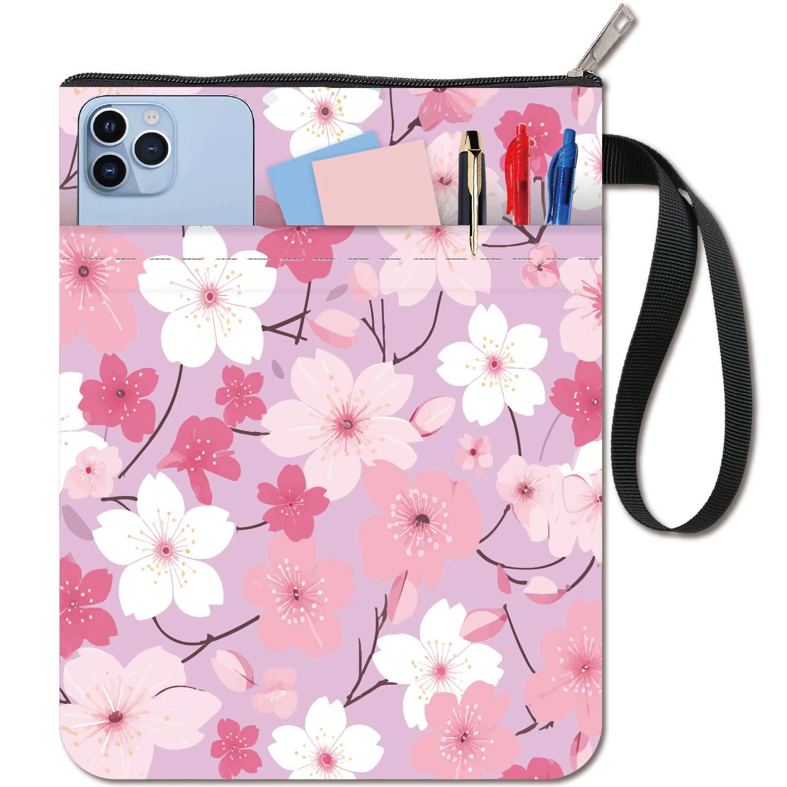 CRASPIRE Cherry Blossom Book Sleeve Pink Flower Protector Book Covers for Paperbacks Washable Fabric Cloth Book Cover with Zipper and Extra Sleeve Pocket for Book Lovers Classmate Friend Gifts