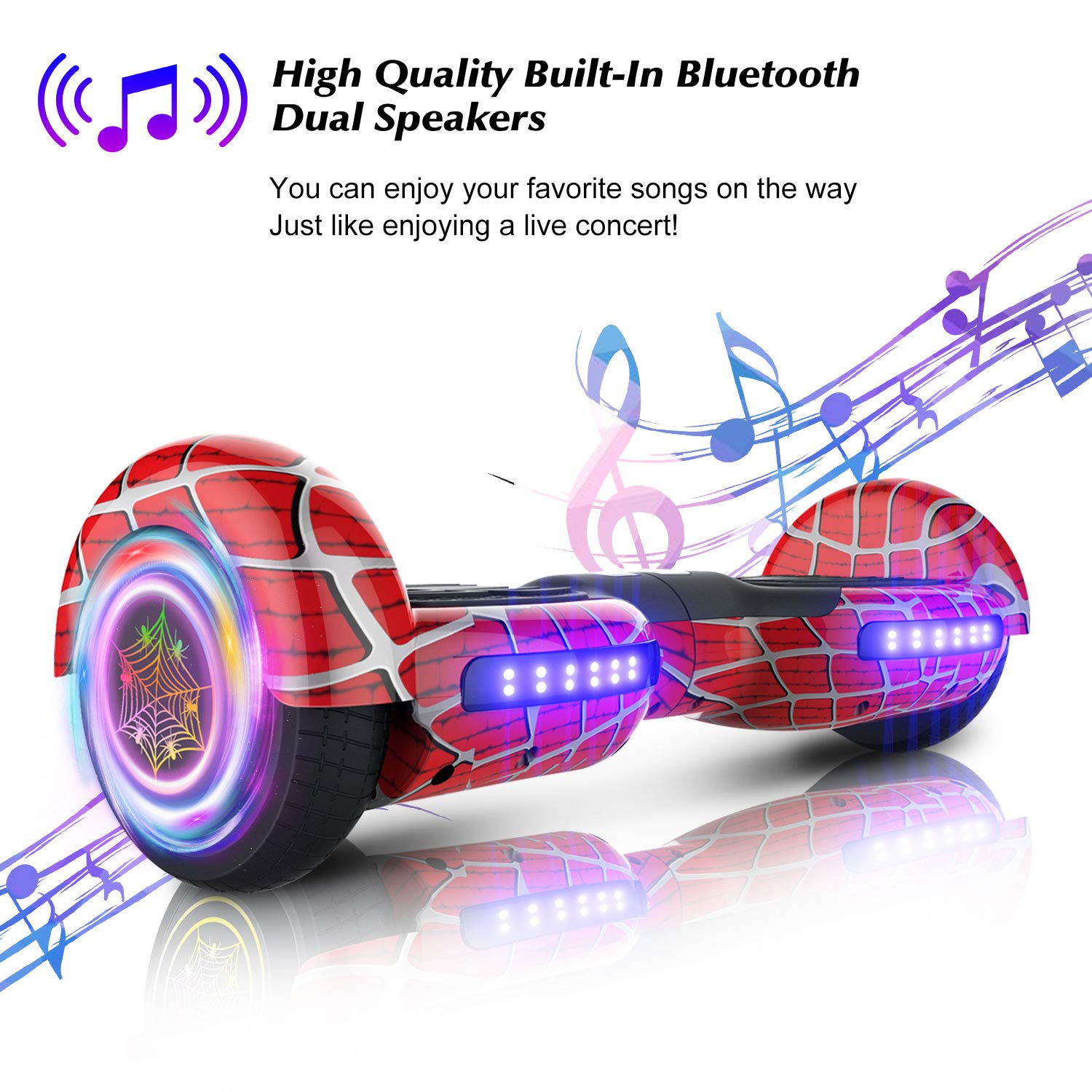 Spider-Pattern Hover Board for Kids Ages 6-12, with Bluetooth Speaker and LED Lights 6.5