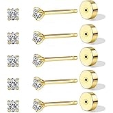 BRAYEG 1-5Pairs Flat Back Earrings Set (2-6mm), Push Pin Cartilage Stud earrings for Women, 14K Gold Filled Cubic Zirconia Stacking Earrings Studs, Hypoallergenic Helix Piercing Jewelry, No Screw for Sleeping