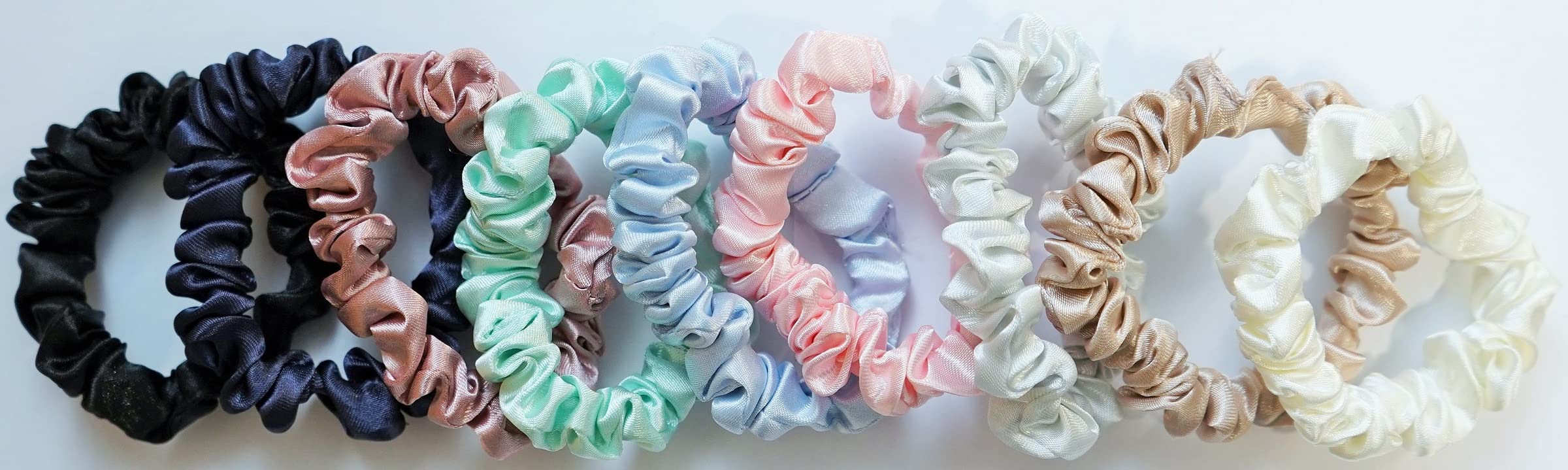 Crazy Bobble® Skinny Scrunchies 'Feels like Silk' Satin Ponytail Holders, Hair Ties For Women Girls (Pack of 9) (Black, Navy, Dusky Pink, Mint Green, Baby Blue, Pink, Silver Grey, Champagne, Pearl)