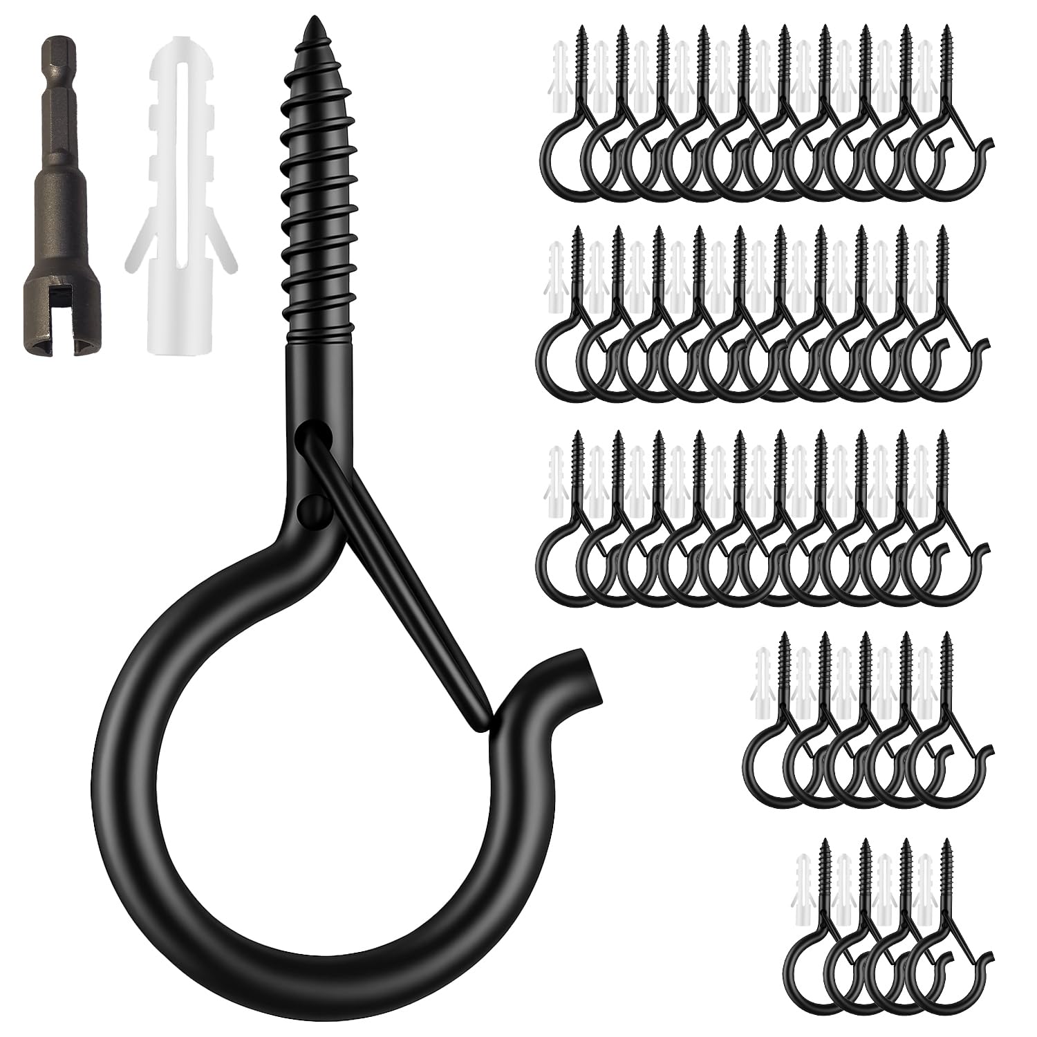 Photo 1 of  Pack Black Q Hooks for Hanging With Install Tool - Ceiling Hooks, Plant Hangers Outdoor, Safety Buckle, Weatherproof Clips, Screw Eye S, Heavy Duty Hooks for Outdoor String Lights Christmas Hanger