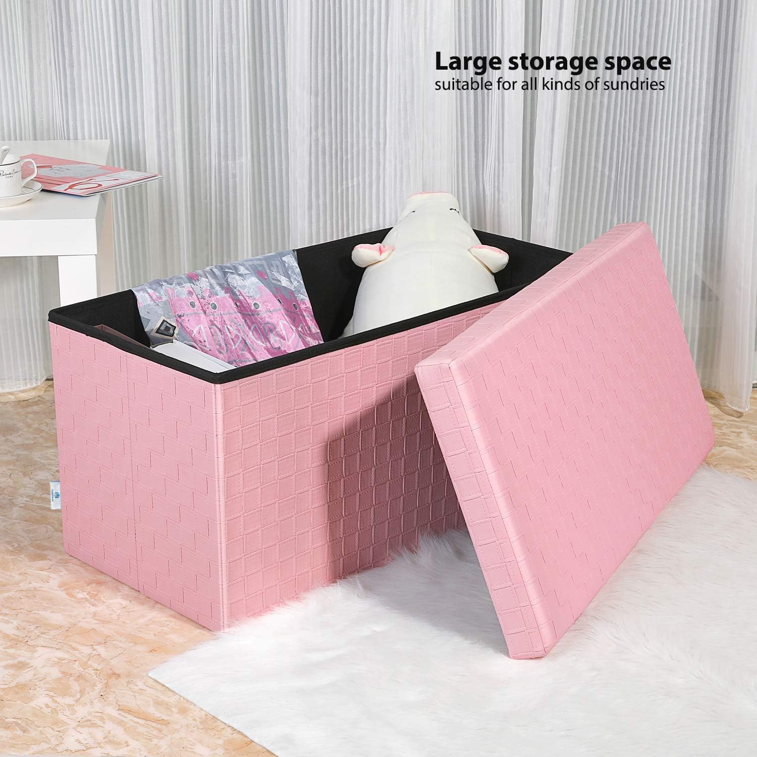 B FSOBEIIALEO Folding Storage Ottoman, Faux Leather Footrest Stool Long Bench, Pink 30"x15"x15": Furniture & Decor