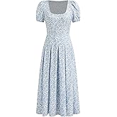 CIDER Floral Midi Dress Women's Summer Square Neck Puff Sleeve Slit Dresses