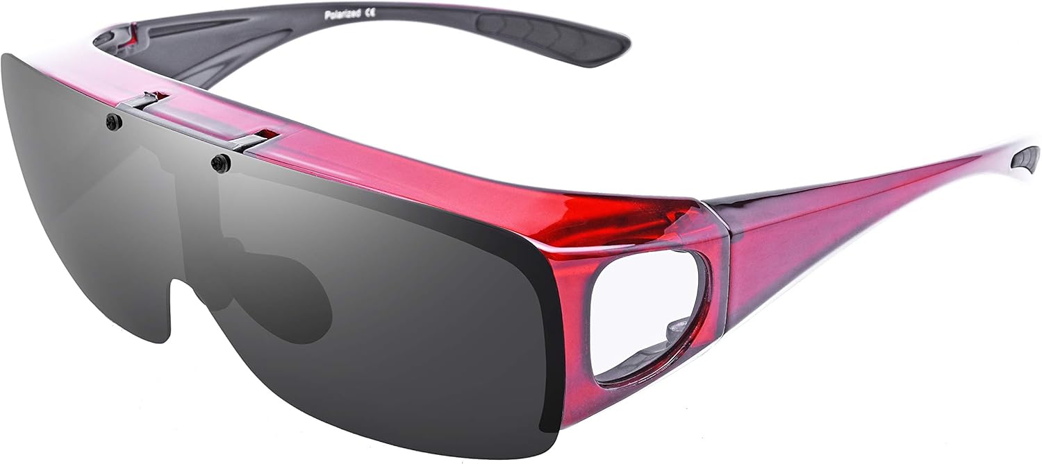 Br'Guras オーバーグラス 偏光 スポーツサングラス メンズ レディース 跳ね上げ式 運転ゴーグル UV400 紫外線カット 偏光サングラス 釣り メガネの上から 自転車、ランニング、ゴルフ、野球、登山に対応可能 (赤)