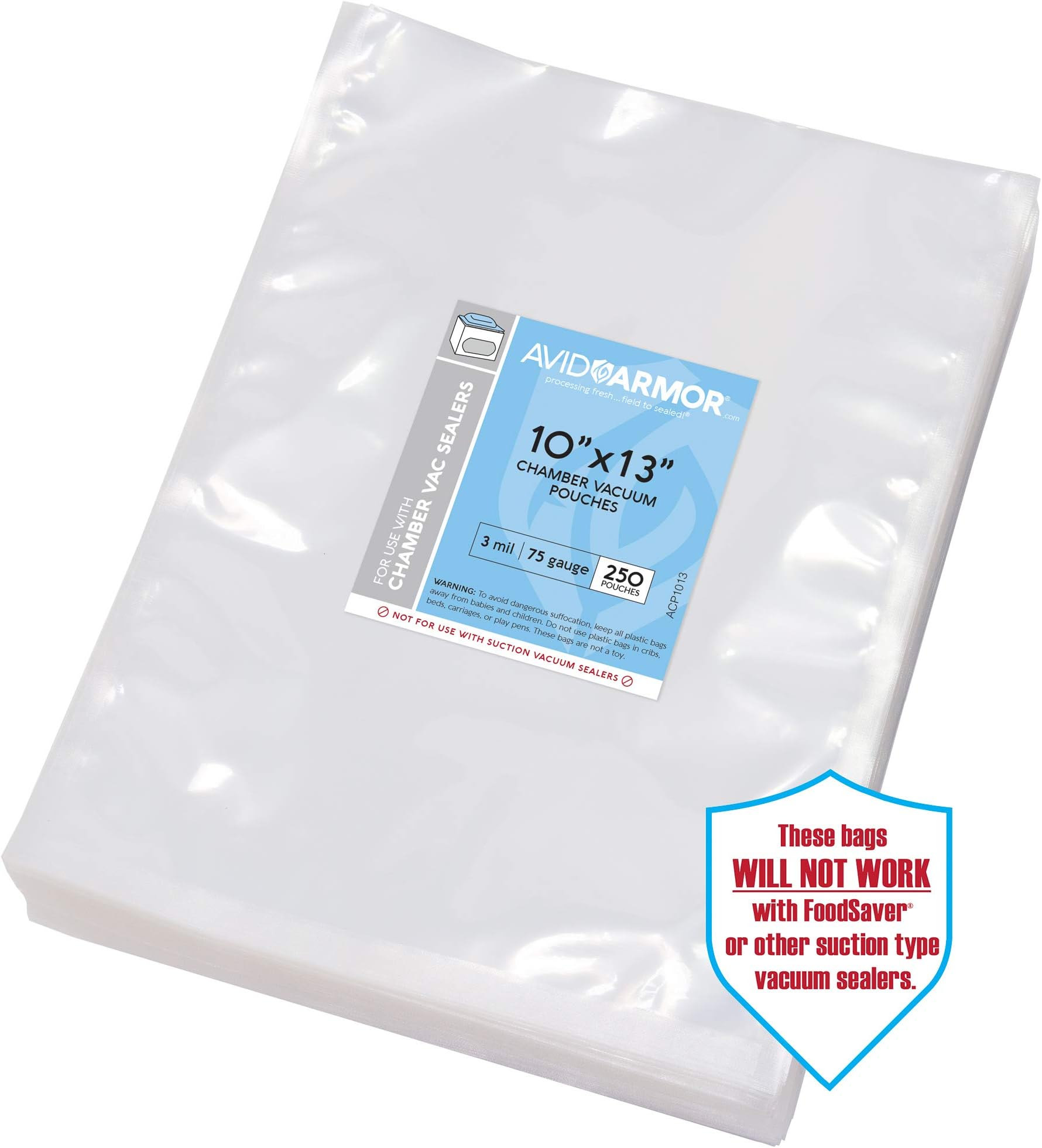 Chamber Machine Vacuum Pouches Size 10" x 13" Pack of 250 Pre-Cut Heavy Duty 3Mil - NOT COMPATIBLE WITH FOODSAVER TYPE VACUUM SEALERS - Commercial Grade BPA Free FDA Approved Sous Vide Safe Avid Armor