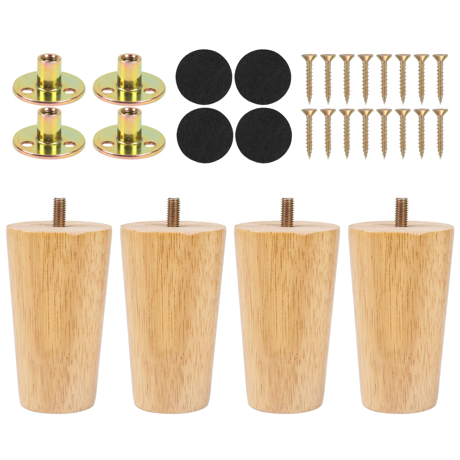 Luabue 4 Pack Wooden Sofa Legs 10cm Bed Legs 4 inch Ottoman Leg, Solid Rubber Wood Straight Cone Furniture Leg Cabinet Feet Replacement with Non-Slip Floor Protection Pads & Screws