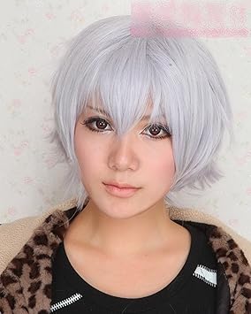 Short Straight Curly Hair Tail Silver Purple Cosplay Wig Wig K
