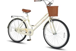 Goplus Beach Cruiser Bike for Women, 24/26 Inch Commuter Bicycle w/Basket, Rear Rack, Bell, Low Step Through Frame, Adjustabl