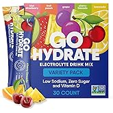 GoHydrate Low Sodium Electrolytes Powder Packets Sugar Free - Instant Hydration Daily Drink Mix - Zero Sugar Water Flavor Packet Singles with Vitamin D - (Variety Pack, 30 Packs)