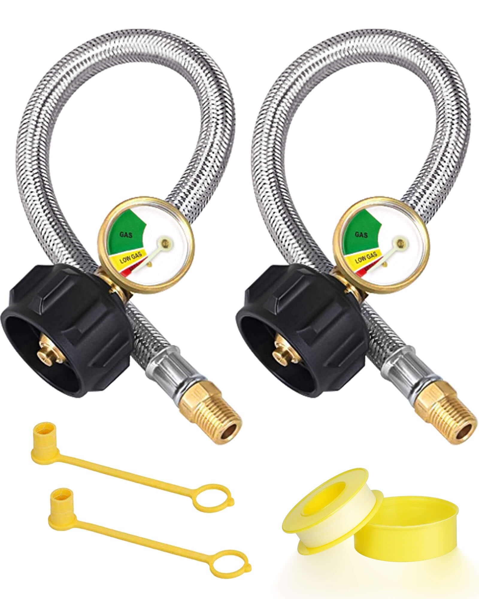 Photo 1 of 15-Inch RV Propane Tank Hose with Gauge, Stainless Steel Camper Propane Hose for RV 2-Stage Regulator, 1/4 Male NPT & QCC 1 Fittings, 350PSI, 2 Pack